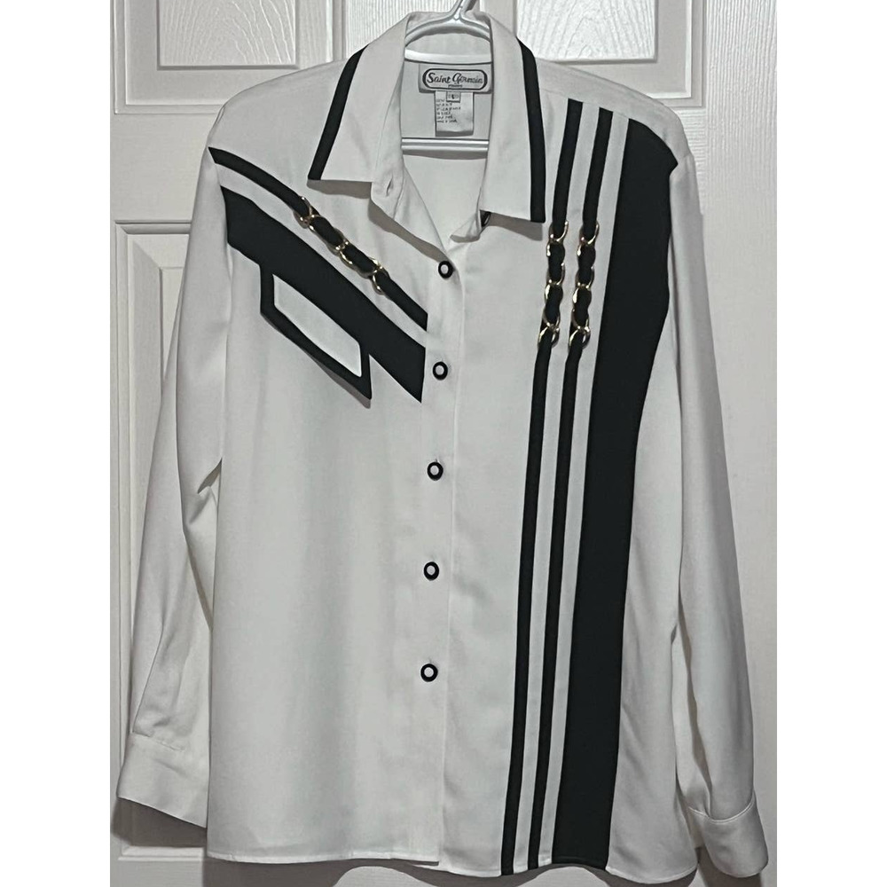 Saint Germain Women's Long Sleeve Button Front White Black Gold Chain Blouse‎ L